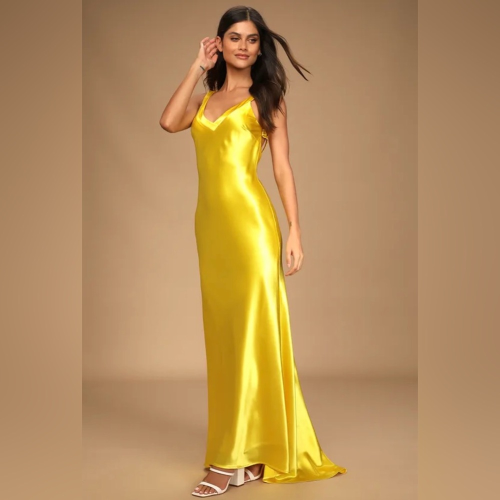 Lulu's Yellow Satin Maxi Dress